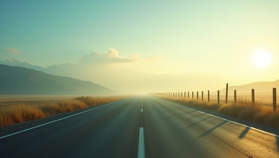 An empty straight highway stretching toward a misty horizon at sunrise, with a wooden fence casting long shadows on the right and mountains in the distance.