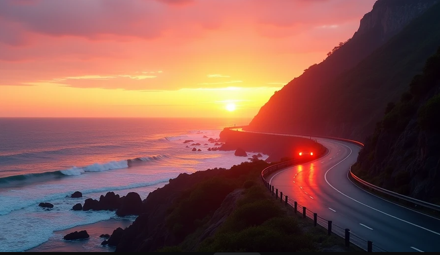 A winding coastal highway next to the ocean at sunset, with a car's red taillights visible on the road and cliffs rising on the right.