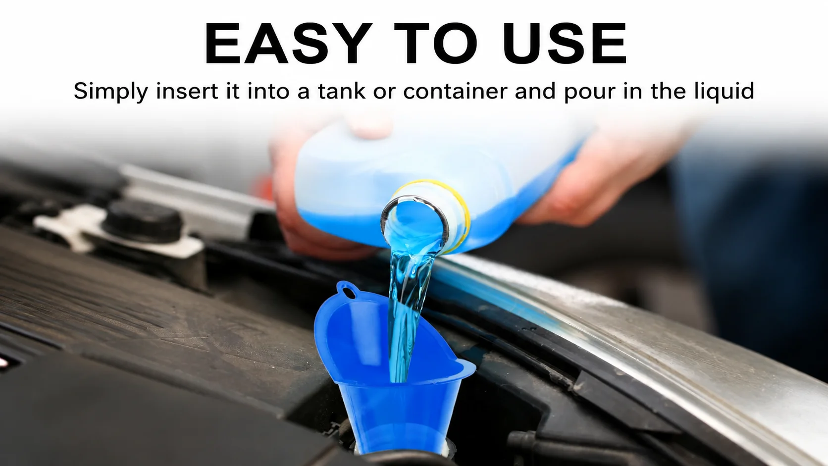 Easy to use blue plastic automotive funnel being used to pour blue windshield washer fluid into a car fluid tank.