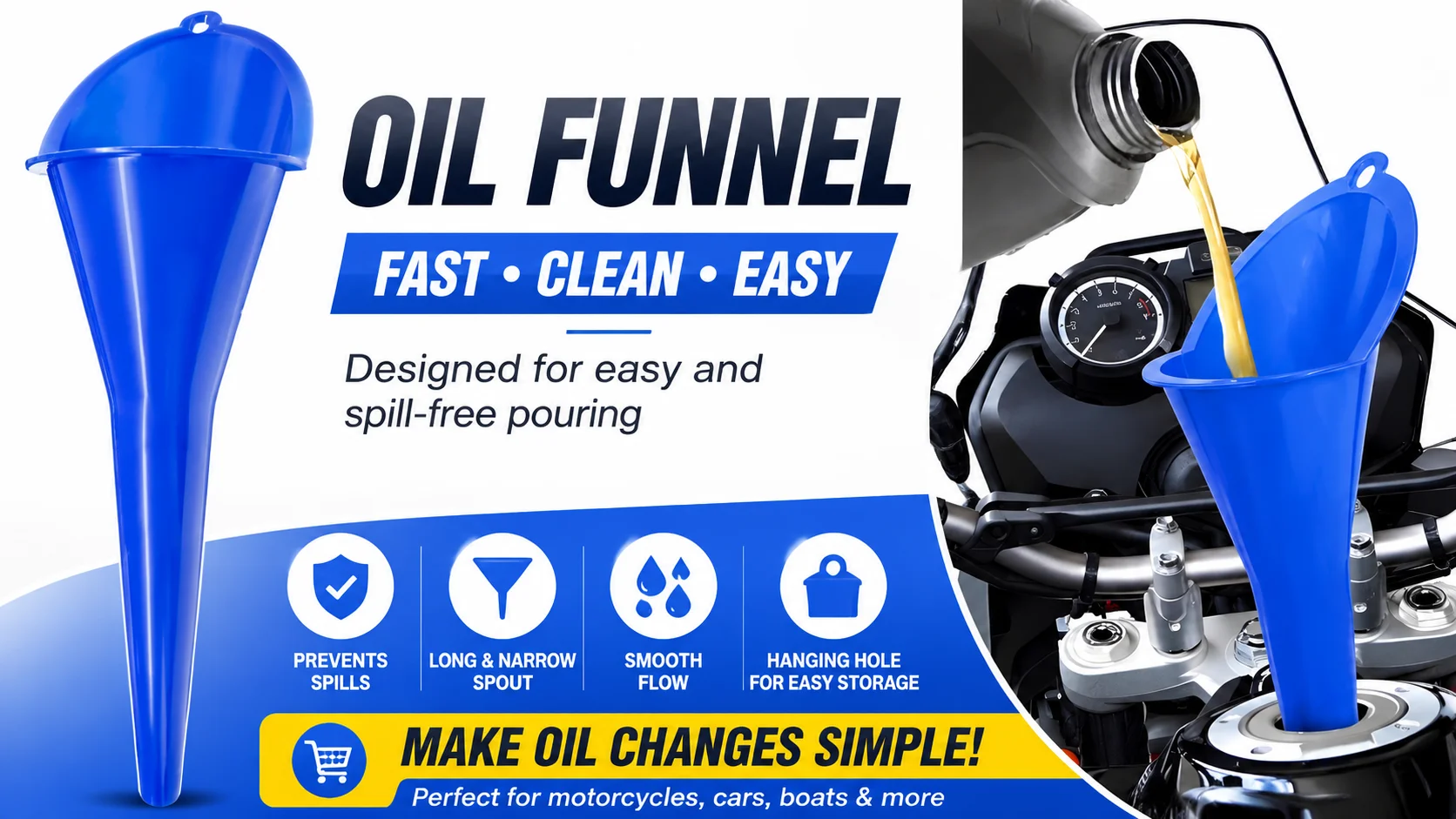 Blue automotive oil funnel with a long narrow spout designed for fast, clean, and spill-free oil changes on motorcycles and cars.