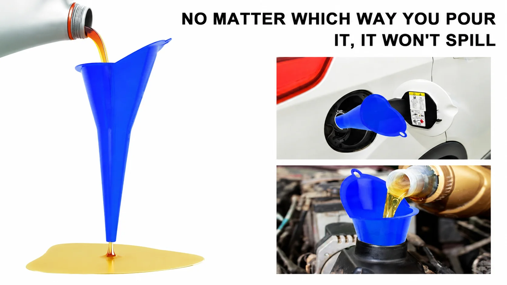 No-spill blue plastic automotive funnel for changing engine oil and refueling gas tank without spilling
