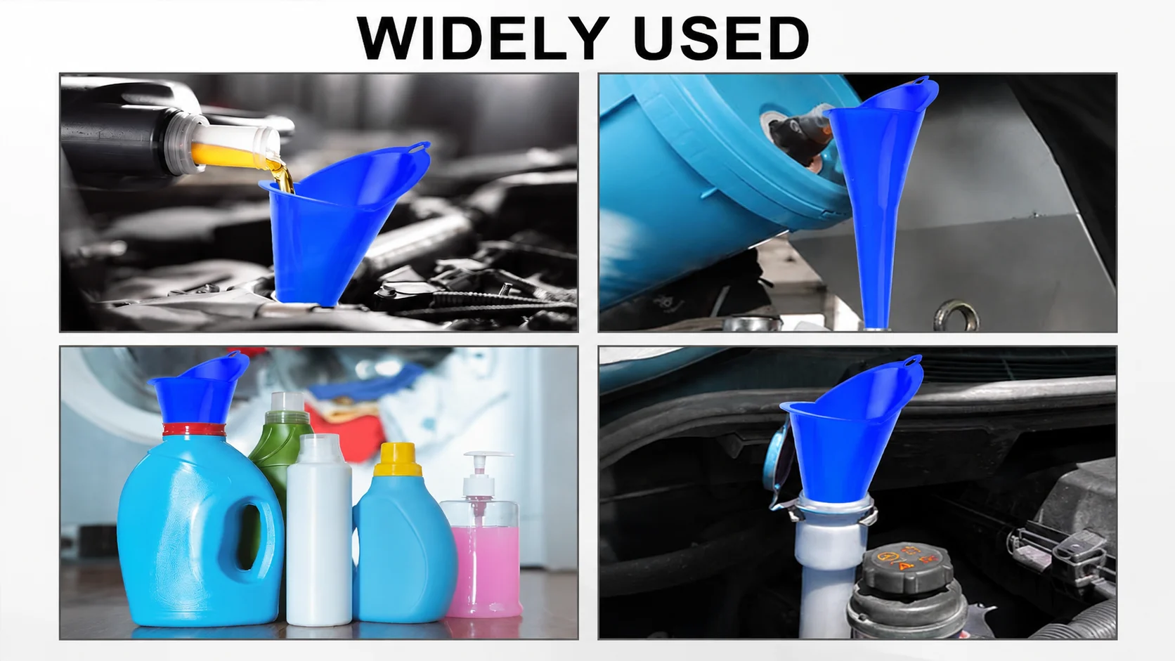 Multifunctional blue plastic funnel widely used for car engine oil, automotive fluids, and refilling household detergent bottles.
