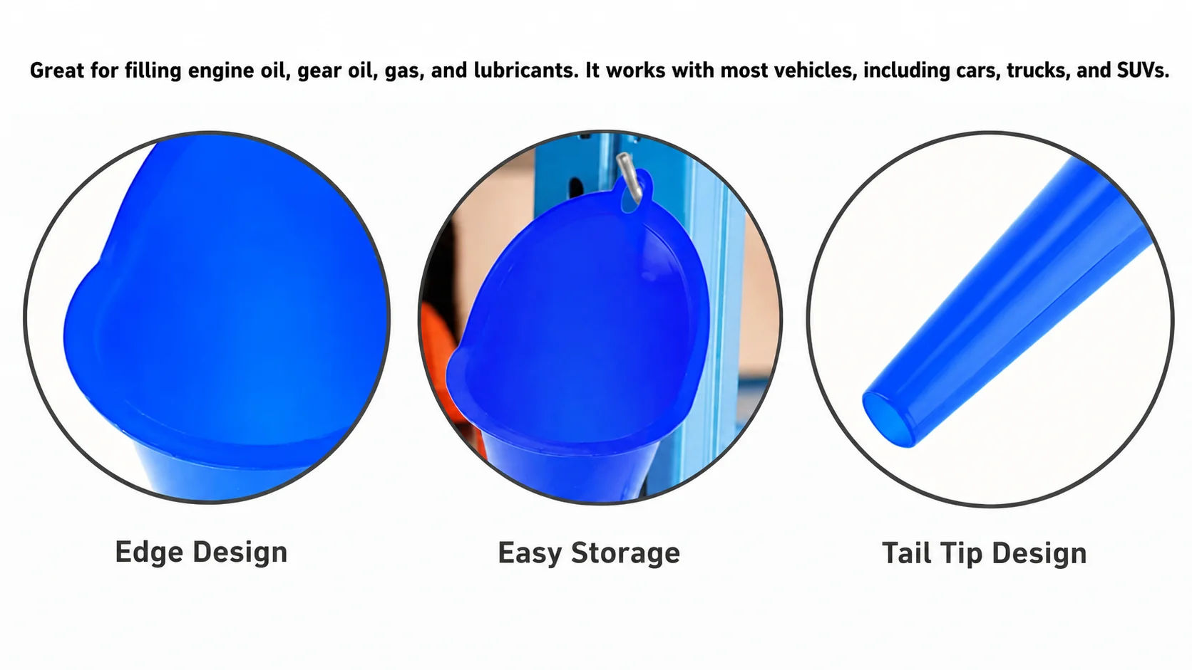 Multi-purpose blue plastic automotive funnel featuring edge design, easy storage hanging hole, and tail tip design for engine oil and fluids.